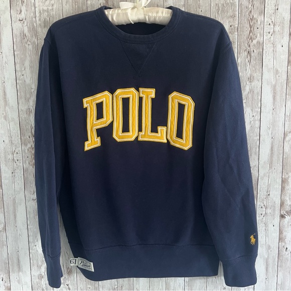 Polo Ralph Lauren Navy and Yellow Varsity Crewneck Sweatshirt Small - Picture 1 of 5